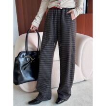 四媛立体剪裁格纹弯刀裤抽绳松紧腰遮胯梨形天菜慵懒风休闲裤7988