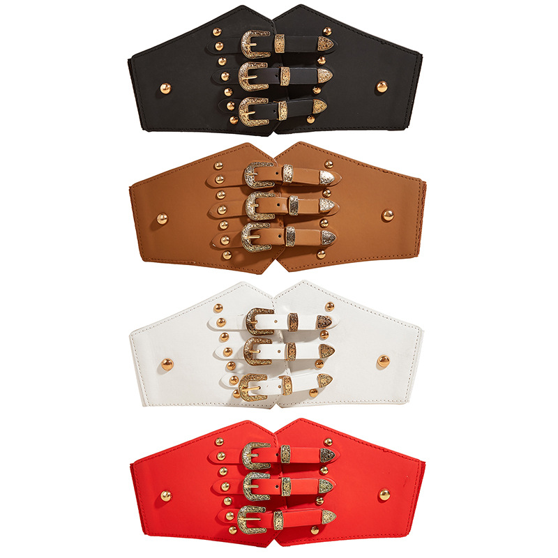Three piece buckle waist seal with shirt decoration down jacket women's elastic rivet waist wide belt women's belt_voghion.com