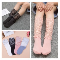 兒童花邊鳳尾堆堆襪女童蕾絲花邊中筒襪拼接全蕾絲新款韓版親子襪