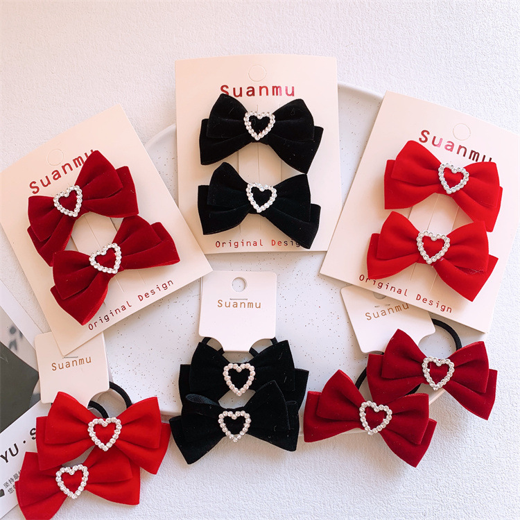 秋冬兒童絲絨蝴蝶結髮夾少女氣質可愛愛心發圈劉海夾邊夾髮飾頭繩
