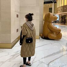 2025新款韩版羽绒服女长款针织帽娃娃领菱形格宽松过膝加厚外套潮