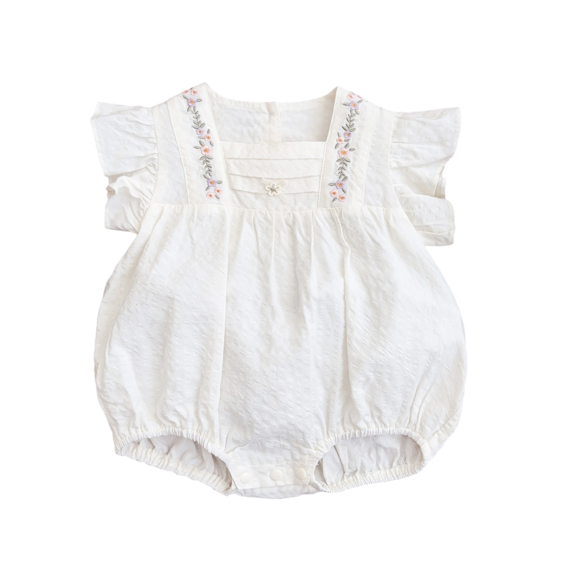 2025 verano nueva ropa de bebé, mameluco bordado de estilo occidental, bebé femenino, abrigo de manga corta dulce, mameluco de un año