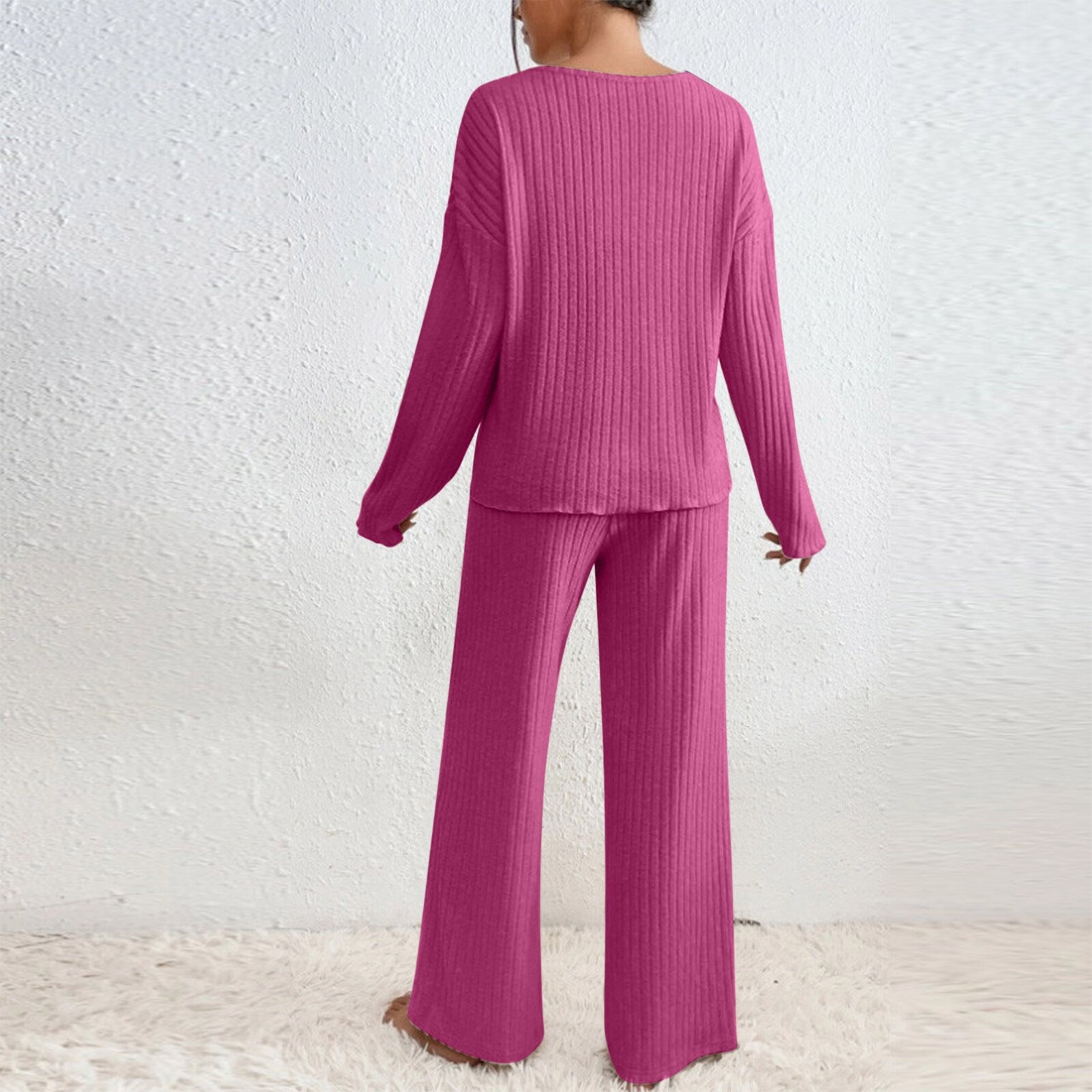 Langärmliges, lässiges Lounge-Set mit V-Ausschnitt für Damen – weich gebürstete, gestreifte Jogginghose und Oberteil (S–XXL, Herbst-/Winterkollektion)​​_voghion.com