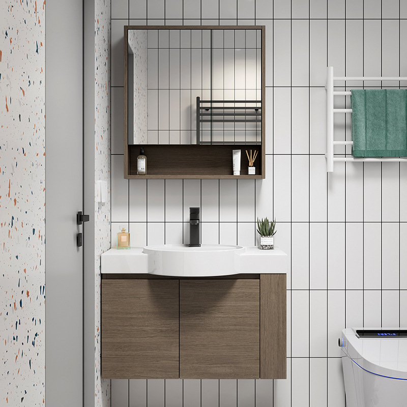Impermeable de madera maciza pequeño apartamento lavabo baño gabinete combinación baño ultra-estrecho lavabo de cerámica integrado mesa de lavado