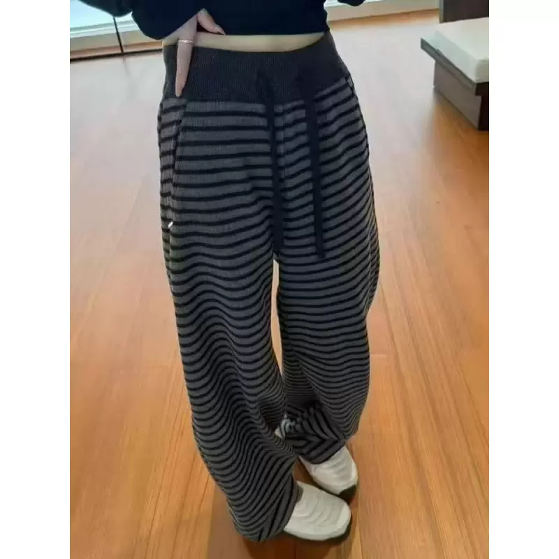 加绒加厚条纹阔腿裤女2025秋冬新款慵懒感宽松显瘦百搭高腰休闲裤