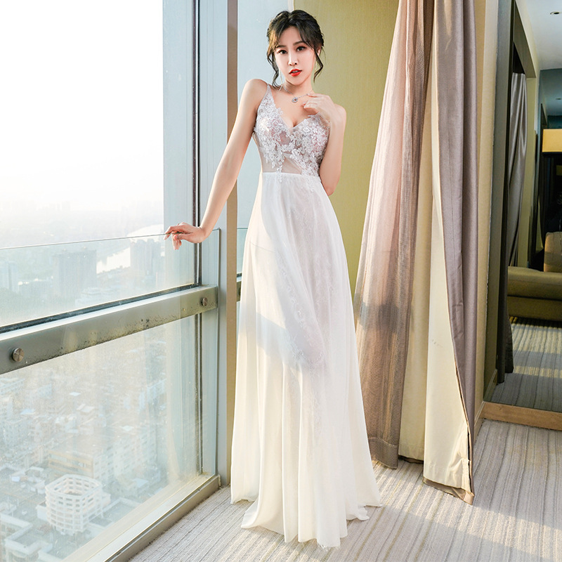 Nightclub Women's Sexy Dress Summer New Chiffon Fairy Slit Lace Technician Uniform Long Skirt See-Through Evening Dress