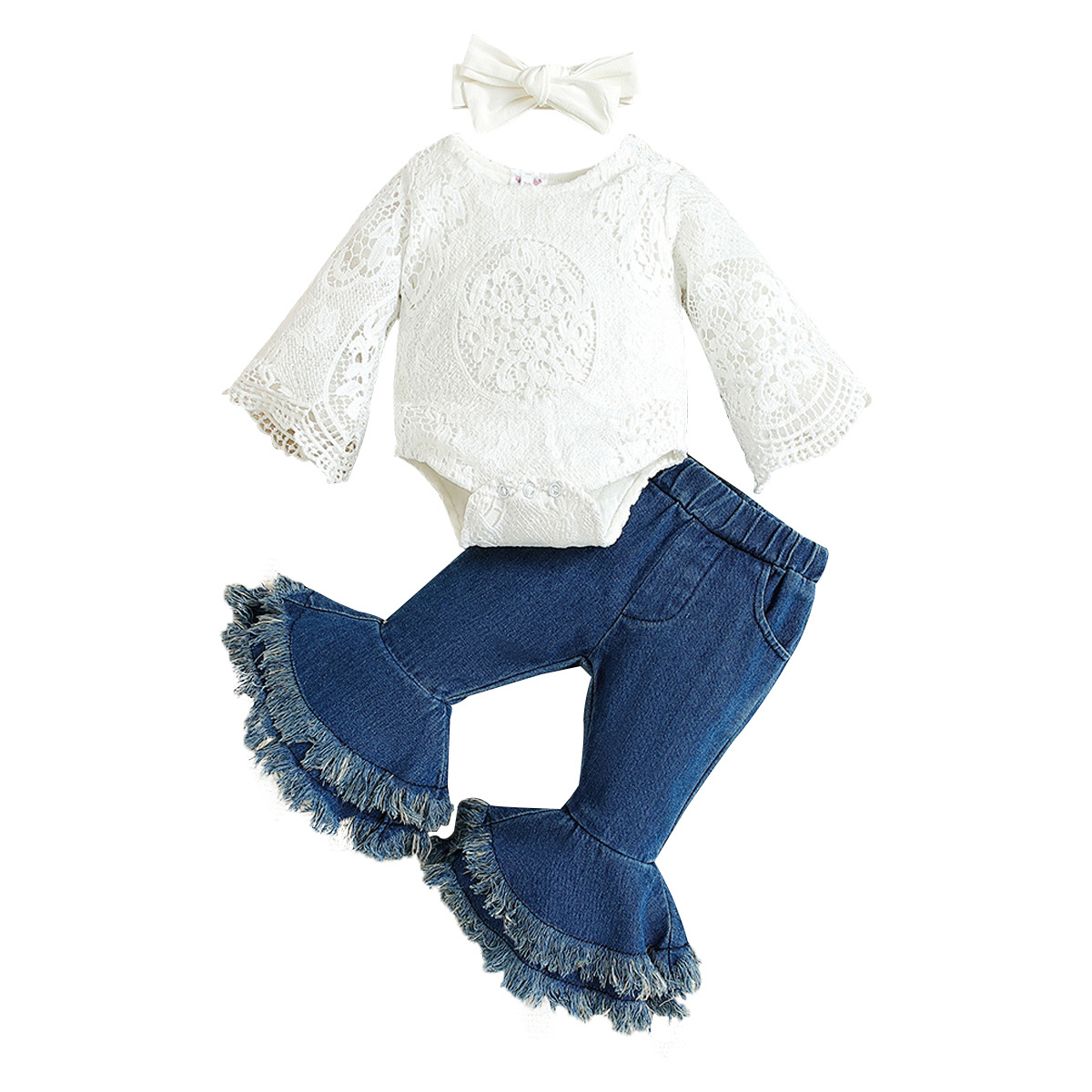 Abbigliamento per bambini, set di abiti autunnali, tuta in pizzo con maniche per neonati, set di due pezzi di pantaloni svasati in denim_voghion.com