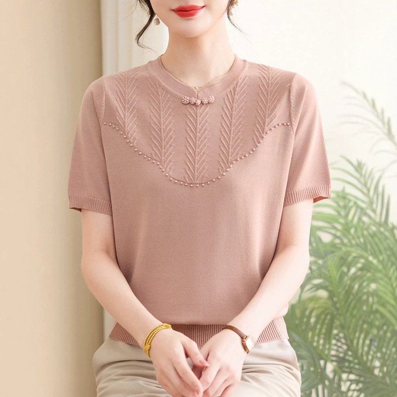 2026 New Style Summer Short-Sleeve T-Shirt for Mothers, 50-Year-Old Middle-Aged Women, Chinese Style Ice Silk Knit Top Set 2026 New Style Summer Short-Sleeve T-Shirt for Mothers, 50-Year-Old Middle-Aged Women, Chinese Style Ice Silk Knit Top Set