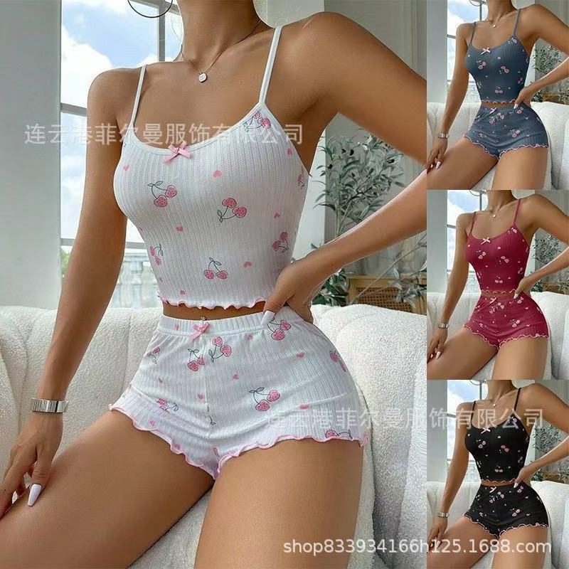 Cross-border camisole shorts, heart-patterned women's loose-fitting pajama set, simple and casual loungewear, available in stock, sexy lingerie