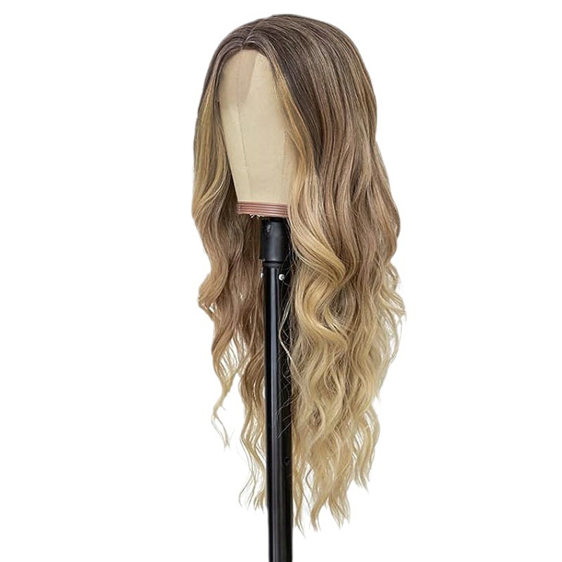 Transfronterizo europeo y americano gradiente de oro largo rizado peluca de las mujeres pequeña peluca de encaje fibra química tocado pelucas de encaje al por mayor