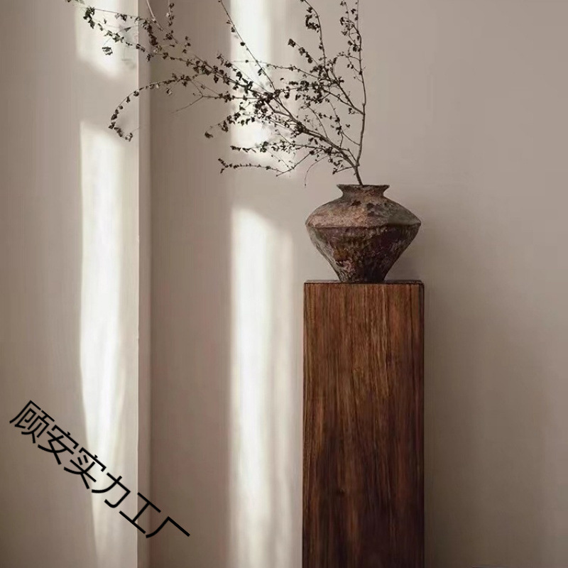 Wabi-Sabi Style Retro Square Solid Wood Pedestal Small Coffee Table, Homestay Corner Table, Simple Square Stool, Wooden Coffee Table, Column Flower Stand