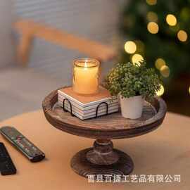 美式复古木质圆形托盘桌面高脚点心甜品摆台式装饰烛台氛围感托盘
