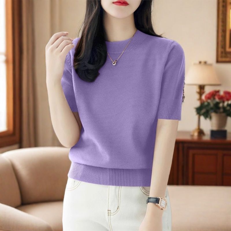 2026 Stylish Round-Neck Base Layer Women's Clothing, New Spring/Autumn Style, Slim-Fit Loose Top, Short-Sleeve Knit Sweater, Lamb Wool 2026 Stylish Round-Neck Base Layer Women's Clothing, New Spring/Autumn Style, Slim-Fit Loose Top, Short-Sleeve Knit Sweater, Lamb Wool
