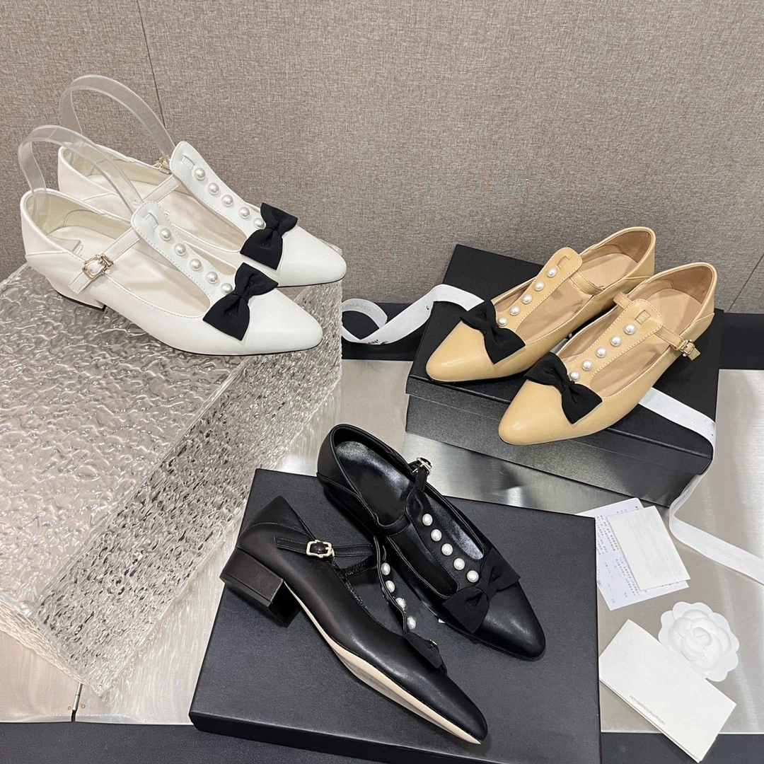 Туфли на низком каблуке 25 ранней весной новые остроконечные жемчужные банты одиночные туфли с мелким ртом Мэри Джейн модные туфли на толстых каблуках