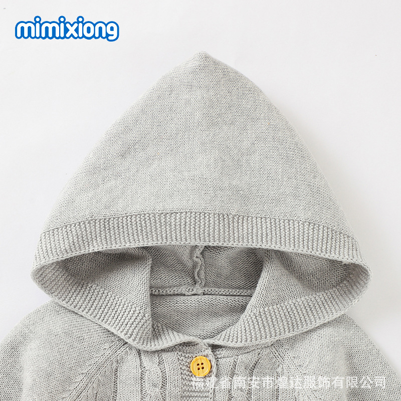 ins秋冬新款纯色婴幼儿连帽针织连体哈衣爬服