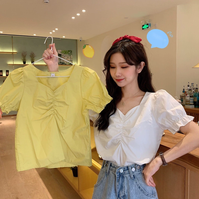 Женская рубашка с первым пенопластовым рукавом, новый дизайн, летняя стильная короткая рубашка из французского шифона, топ для женщин
