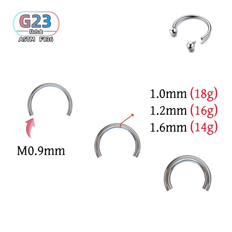 G23 Titanium Alloy C-Shaped Nose Ring 16g Horseshoe Nostril Piercing Jewelry F136 detail image 1