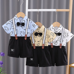 Set of two summer outfits for boys, stylish dinosaur-print shirt and belt pants, short-sleeved summer clothes for kids