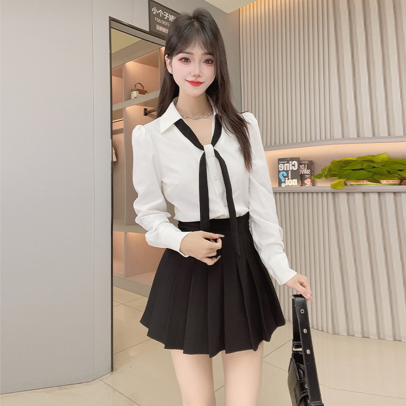 2025 New Autum Korean Style Versatile Long-Sleeved Casual College Tie Shirt Skirt Pure Color Lace-Up Shirt