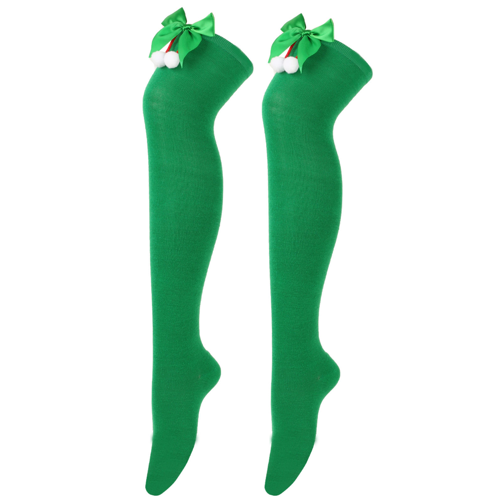 Calzini natalizi unisex con fiocco, calzini a palla, sopra il ginocchio, calzini lunghi da donna, calzini natalizi a righe_voghion.com