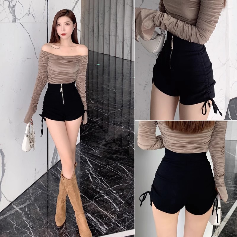 High waist drawstring black tight design shorts women's autumn and winter hot girl popular slim fit stretch ultra short hot pants