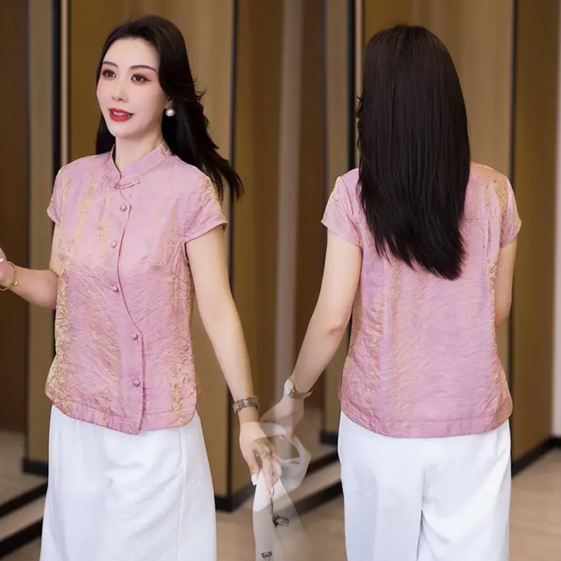 新しい中国風の女性の半袖スタンドカラーチャイナスタイルシャツトップ薄い女性のファッショナブルなTシャツ偏心ボトムシャツ大きいサイズ|undefined