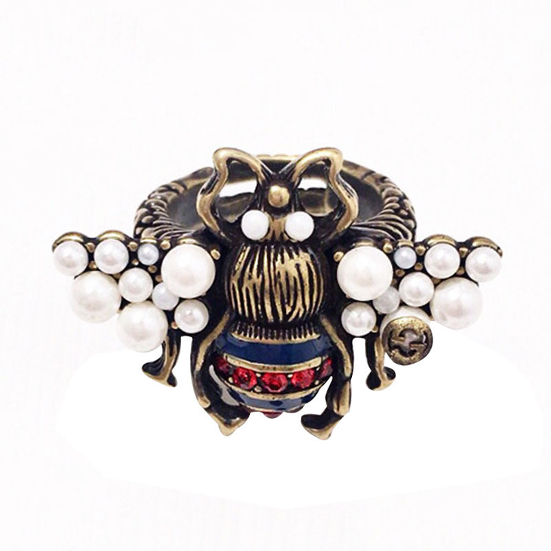 【09】韩版时尚珍珠小蜜蜂红蓝钻戒指欧美复古动物昆虫造型食指环