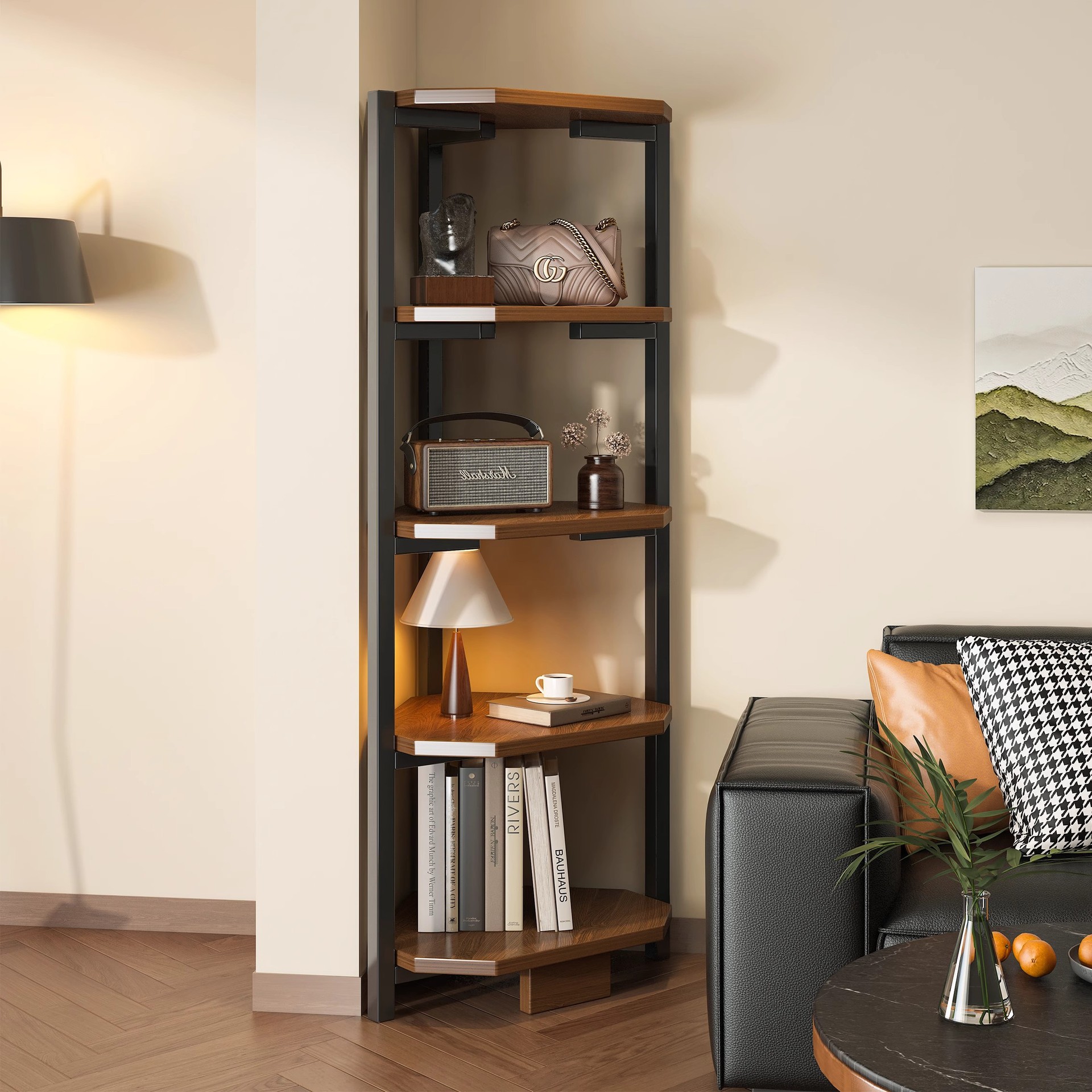 Estante de libro piso de pared estante de esquina sala de estar dormitorio esquina de pared estante de exhibición de almacenamiento de esquina armario de esquina armario de esquina