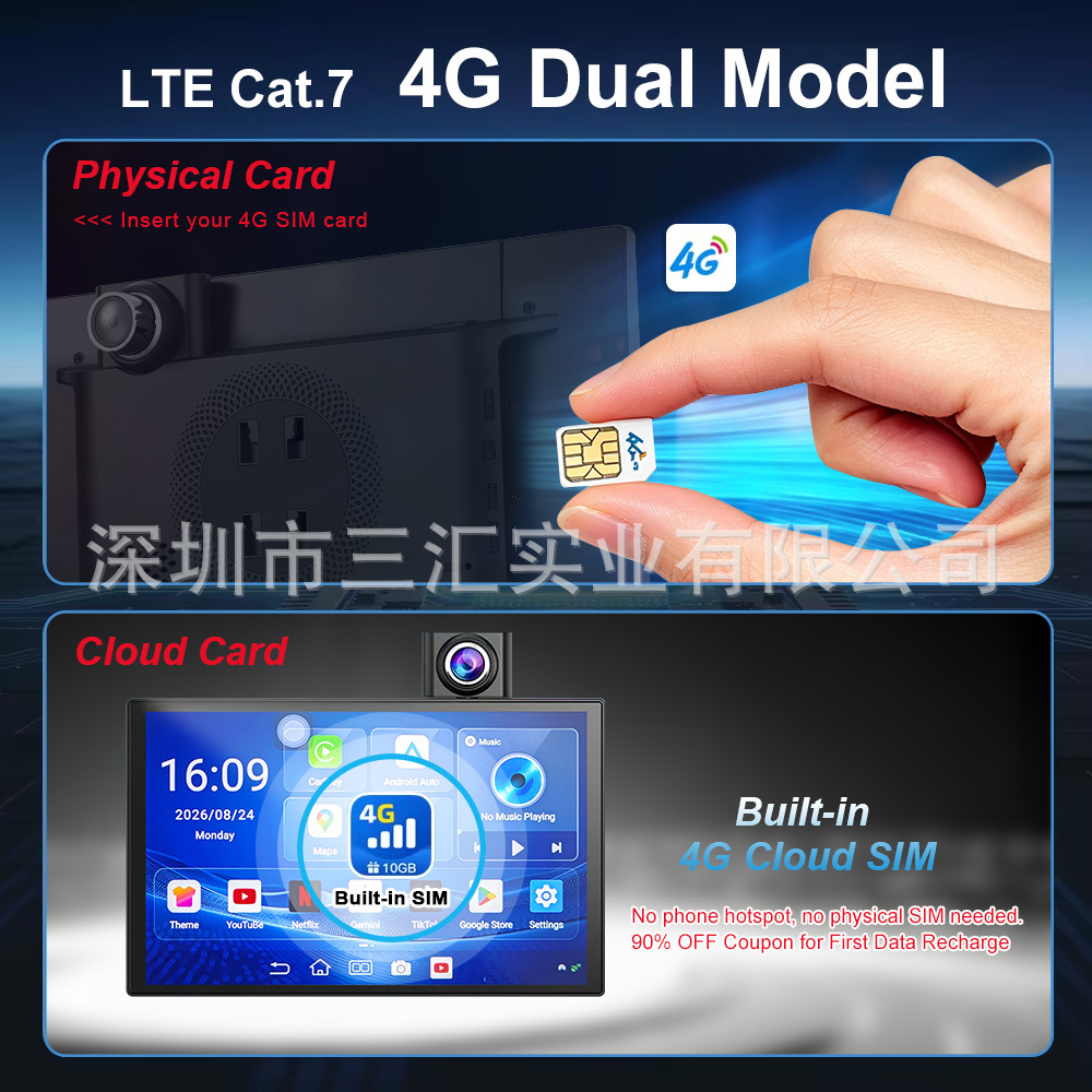 10-inch 4G dashcam with remote monitoring, carplay portable screen, reversing camera, car recorder