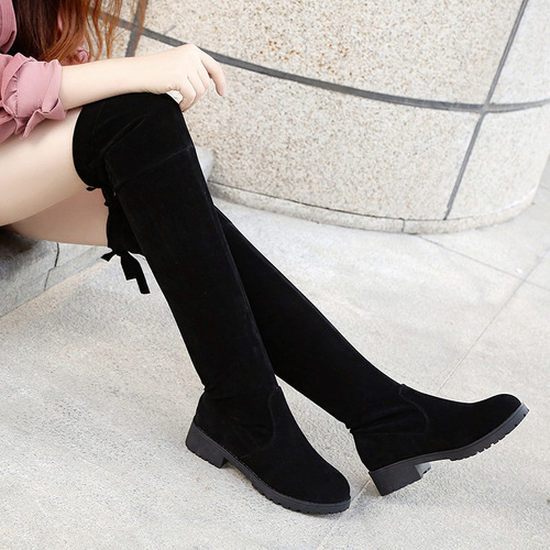 Winter and Autumn Women's Suede Knee-High Boot with Low Heel Flat Sole and Cotton Warm Cover Boot