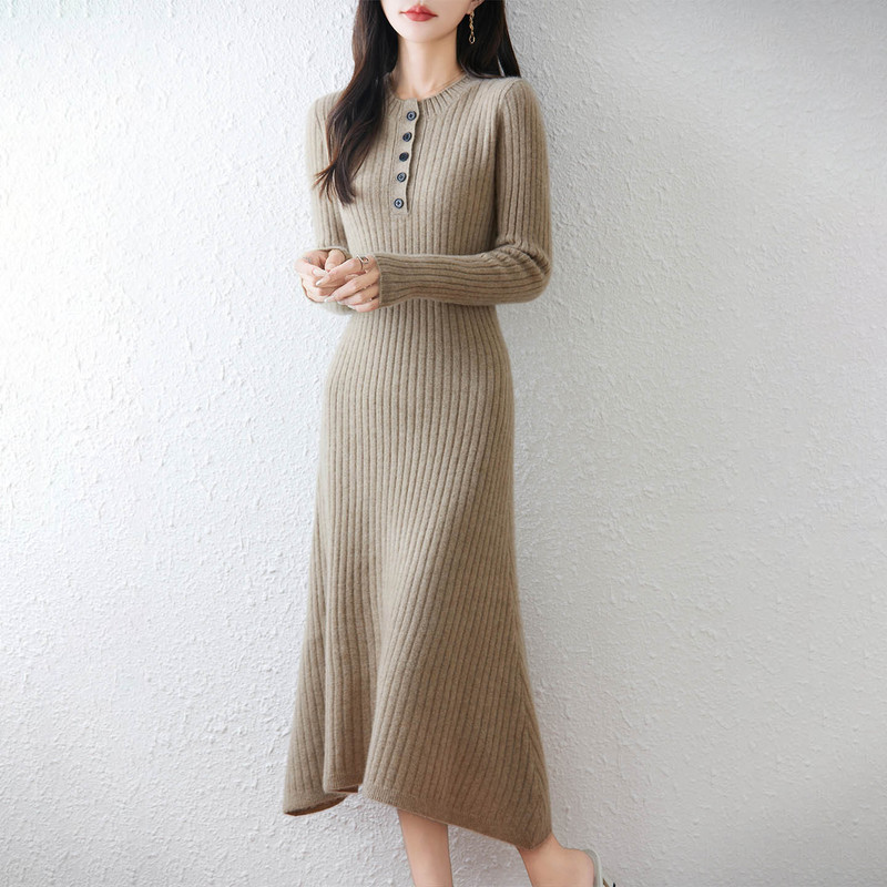 女式纯羊毛连衣裙圆领小众设计半开扣毛衣裙子气质百搭通勤风打底|undefined