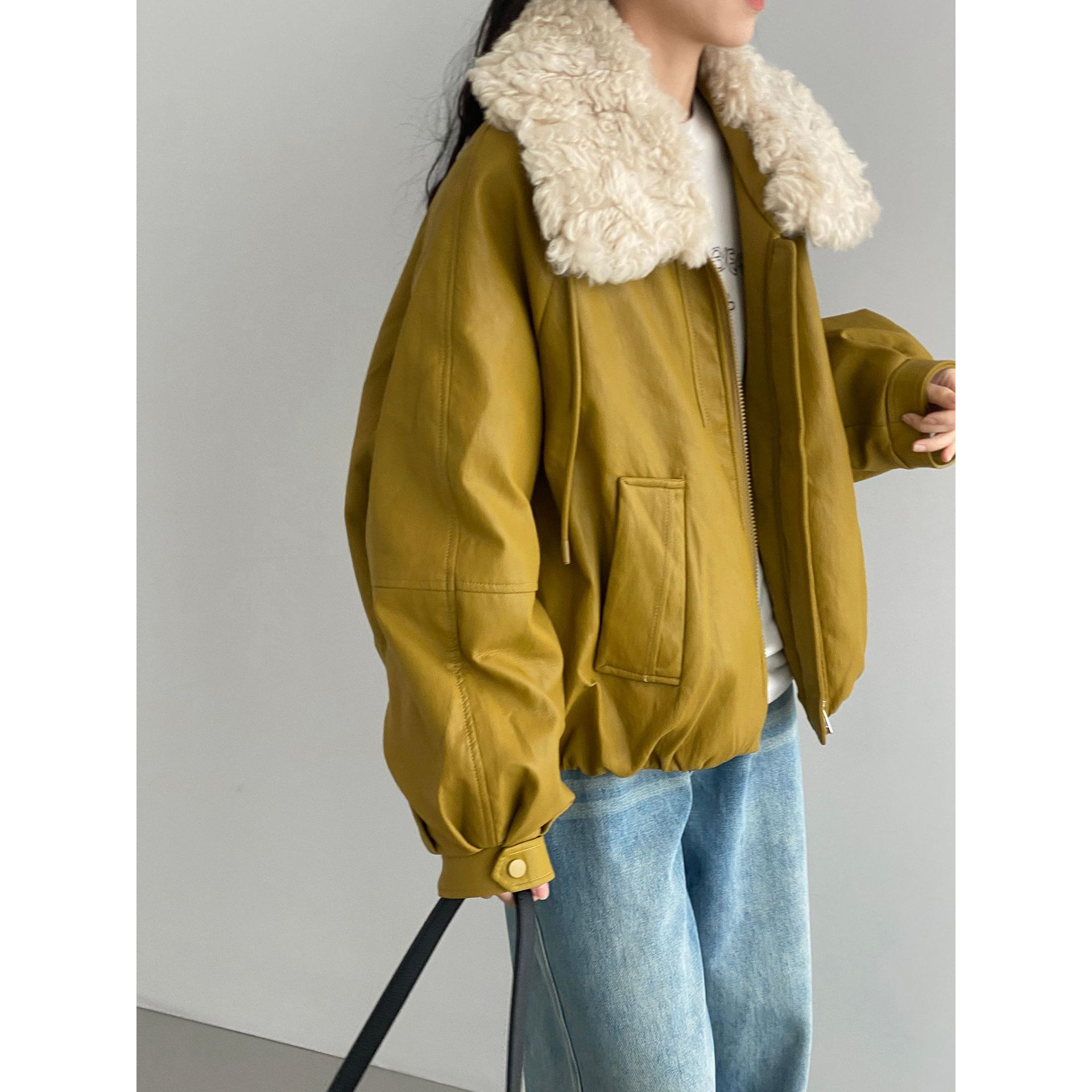 那末可拆羊羔毛领~韩系PU皮羽绒服女加厚保暖皮衣外套白鸭绒C3523