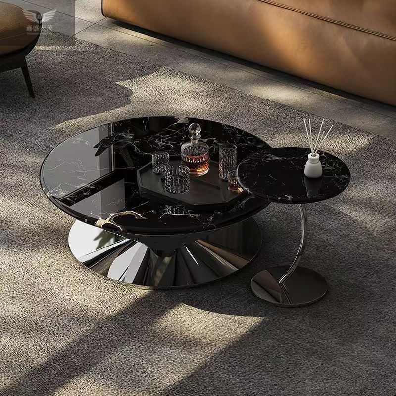 Mesa de centro flotante de mármol, hogar redondo, sala de estar simple italiana, combinación de mesa de centro OVNI de acero inoxidable de lujo ligero moderno