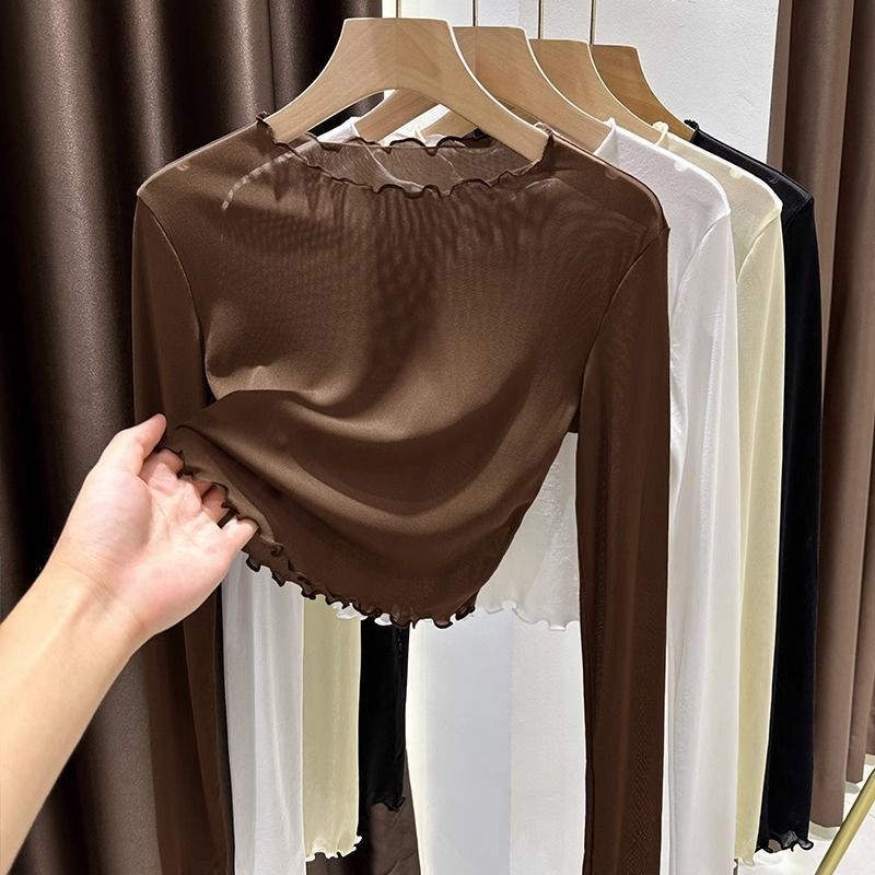 Short ice silk mesh bottoming shirt women's summer tulle with suspender skirt sun protection inner thin wooden ear lace top