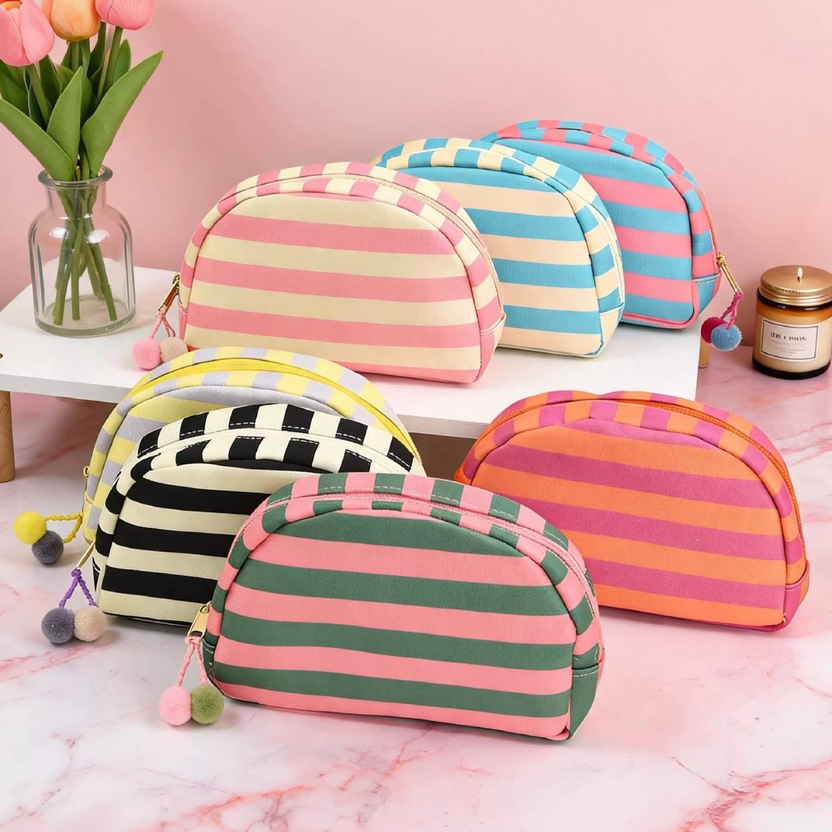 2026 New Cross-Border Striped Shell Makeup Bag Large Capacity Portable Travel Toiletry Storage Bag