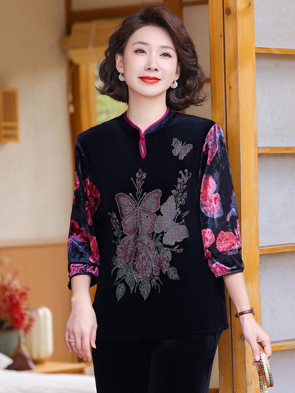 2025年款金丝绒上衣女中老年妈妈装新款小衫女春秋季洋气内搭|undefined