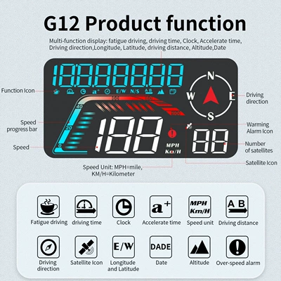 Universal Car HUD Head-Up Display, Beidou GPS Car Driving Direction and Time Display, New Cross-Border Model (Vehicle HUD) - g12-color-light-multifunctional-hud-display-compatible-with-all-car-models