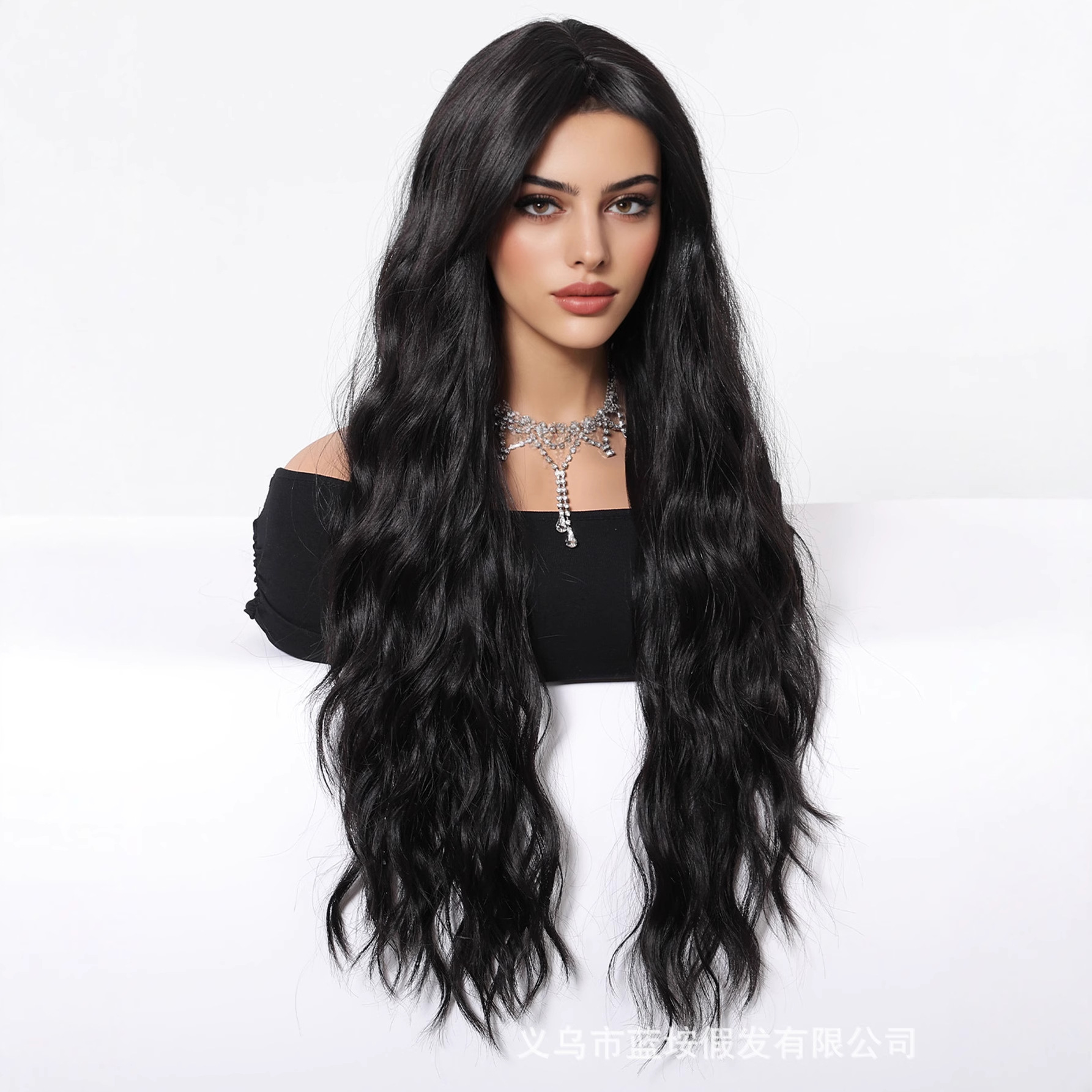 Peruca de comercio exterior europea y americana cabello rizado largo negro ondulado fibra química cabeza completa peluca fábrica al por mayor