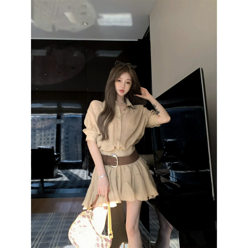 Элегантное платье цвета хаки с воротником-поло и половиной рукавов, женское летнее утягивающее платье с высокой талией, рубашка-юбка, тонкая юбка трапециевидной формы