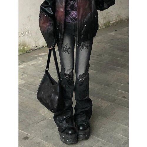 2025 Retro Print Women's Slim Straight Leg Washed Low-Waist Slimming Elastic Wide Leg Stylish Streetwear Floor-Length Pants