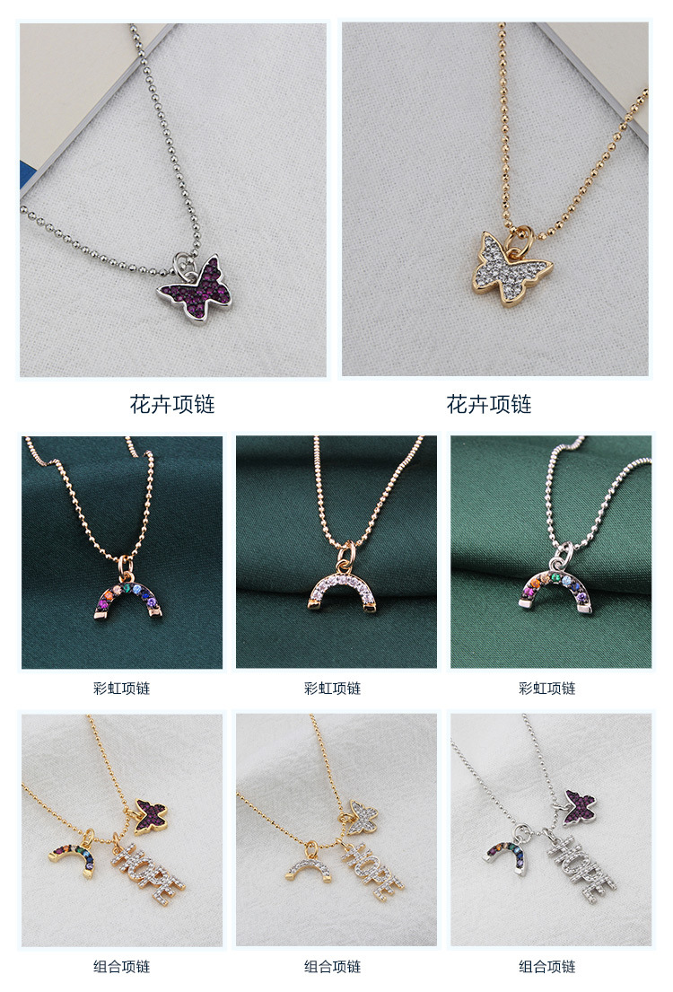 New Diy Combination Necklace Butterfly Rainbow Letters Copper Zircon Clavicle Chain display picture 2