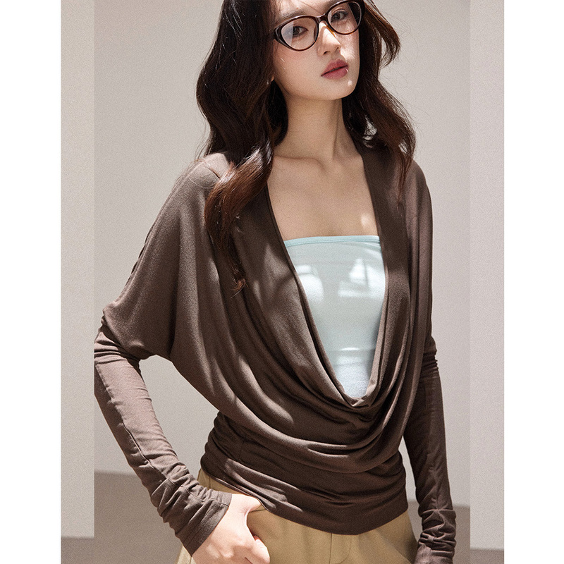 【Shengdu】26 Spring/Summer New Korean Style Versatile Cotton Faux Two-Piece Batwing Sleeve Knitted Sweater Slimming Base Shirt