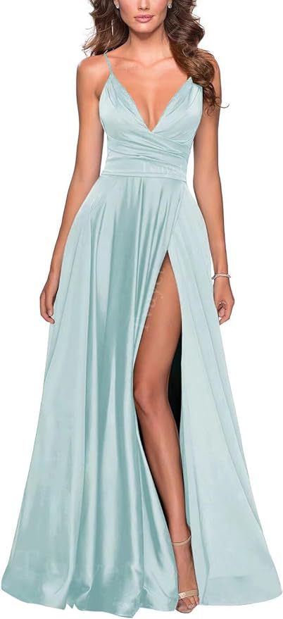 Elegante vestido de fiesta largo con cuello en V dividido, plisado de dama de honor de gasa larga, vestido formal, vestido de noche de satén