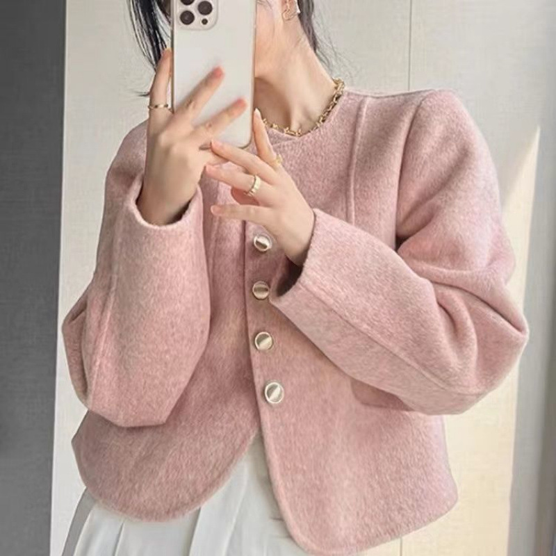 粉色双面羊绒大衣女无领小香风开春新款加厚小个子气质羊毛呢外套