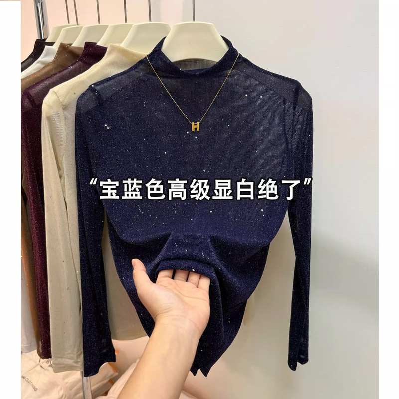 Mesh Base Layer Top for Women, Half Turtleneck, Sequin Top, Slim Fit, No Ironing, Cross-Border Supply, Half Turtleneck, No Ironing
