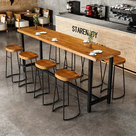 美式酒吧实木吧台桌靠墙高脚桌椅组合咖啡厅便利店吧台休闲长条桌