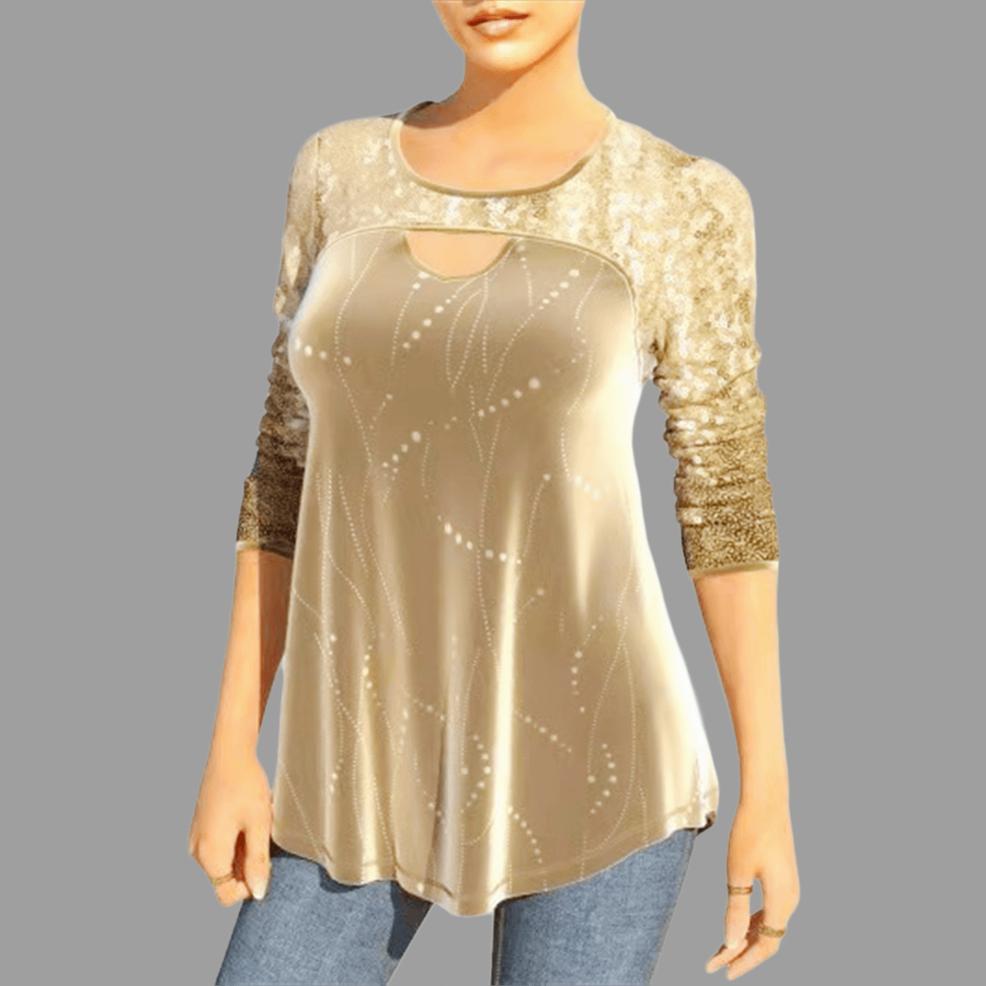 Europeo y americano Amazon digital cuello redondo hueco-fuera manga larga ocho tamaño camiseta adelgazamiento lentejuelas costura punto superior ropa de mujer