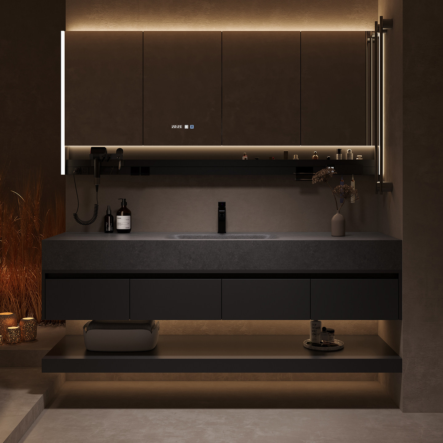 Italiya minimalist uslubidagi hammom tuvaklari, plitkali issiq egilgan o'rnatilgan lavabo va lavabo to'plami.