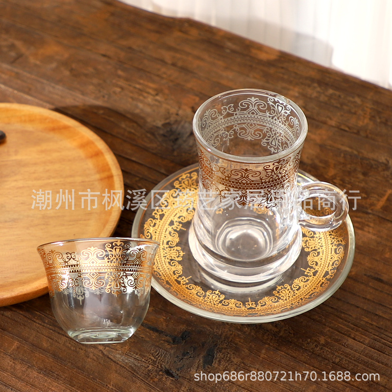 Cross-Border Export to Turkey Middle Eastern Gold-Plated Glass Coffee Cup and Saucer Tea Cup Spoon Set Coffee Set Middle Eastern Style Cross-Border Export to Turkey Middle Eastern Gold-Plated Glass Coffee Cup and Saucer Tea Cup Spoon Set Coffee Set Middle Eastern Style