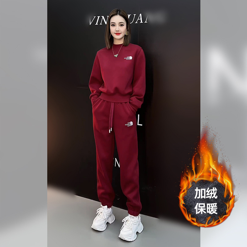 Rich New Year Red Christmas Casual Sports suit Women's 2025 Winter New Korean Style Slim fleece-lined Sweat